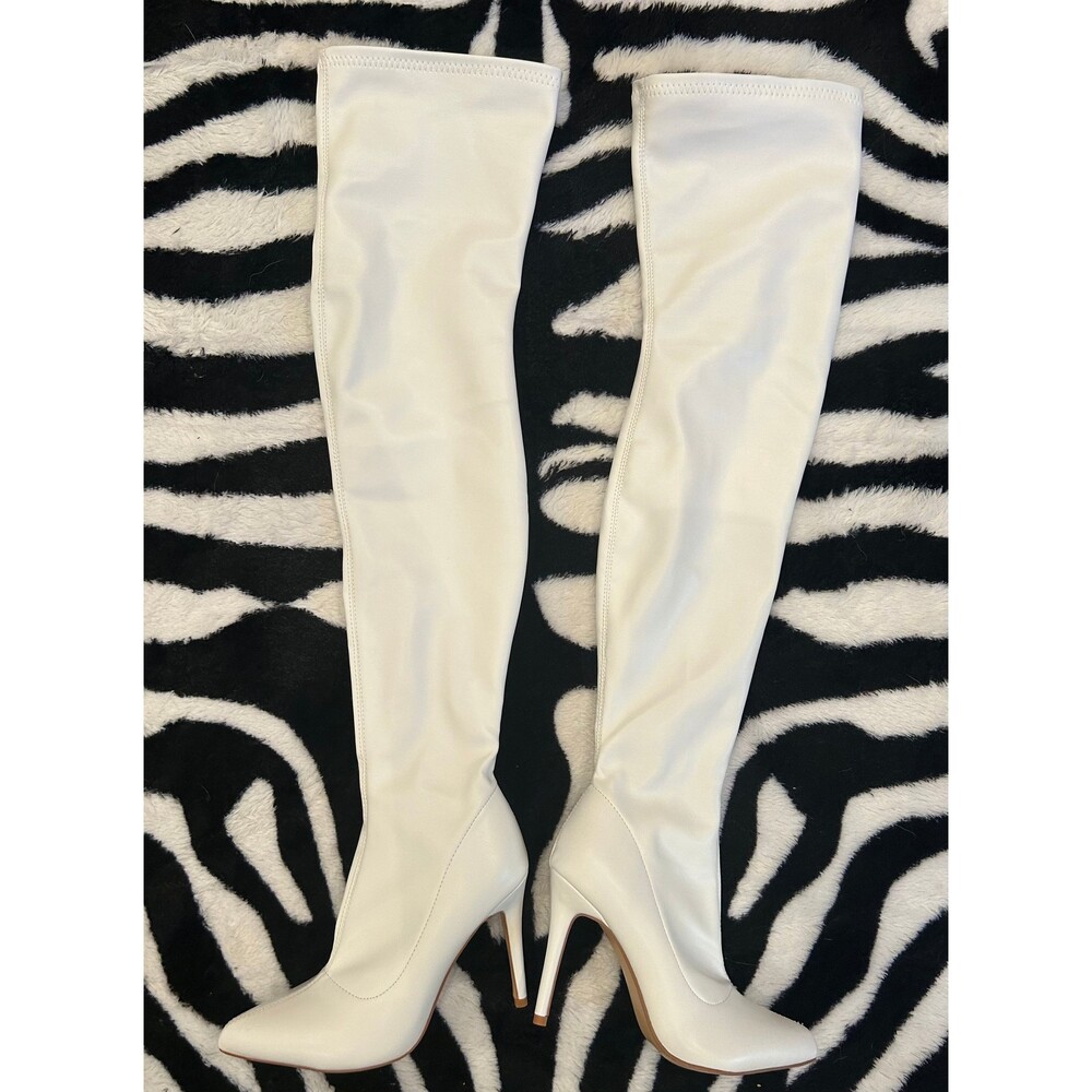 Camssoo White Thigh High Stiletto Heel Boots Vegan Size 6